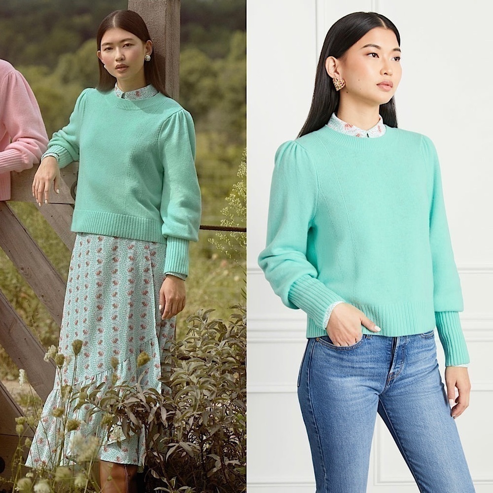 NWT HILL HOUSE Mint Merino Wool Soft Knit Puffed Long Sleeve Cropped Sweater L